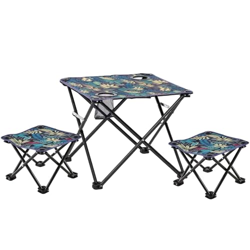 SNZ Juego de Mesa Plegable con 2 Taburetes para Camping, Mesa de Exterior con Portavasos, Topes Antideslizantes, para Plegable y Portátil para Playa, Jardín, Fiestas, Incluye Bolsa de Transporte
