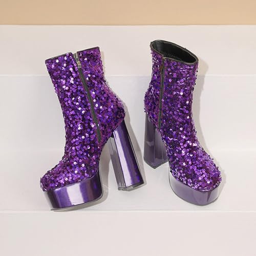 Women's Sequin Platform Mid Calf Boots Chunky High Heel Leather Boots Side Zipper Sexy Dress Boot for Ladies3