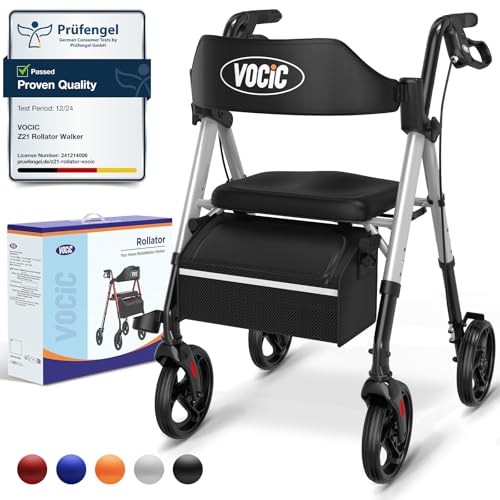 VOCIC Rollator Walker with Seat Brakes Bag Foldable Walking Aid Adjustable Height Lightweight Walker for Disabled 20cm/8 Wheels for All Terrain 5 Year Support Silver