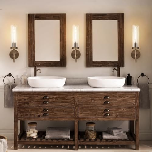 Image of Bronze Wall Sconces, 15'' Brushed Brass Knurled Bathroom Sconces Wall Lighting Vanity Light with Clear Glass, Indoor Wall Mount Light for Living Room Mirror Bedroom Stairs
