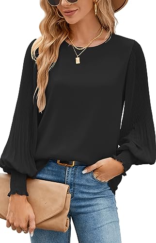 Image of Aifer Womens Tops Dressy Casual Long Sleeve Shirts Chiffon Blouses | Sheer Pleated Lantern Sleeves, Crew Neck, Back Keyhole, Versatile, Ideal for Office Workwear, Daily Outfits, Party Looks