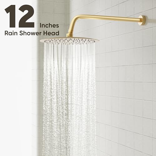 Image of Gabrylly Shower System with Tub Spout, Bathtub Shower Faucet Set with 12 inch Rain Shower head and 5-Setting Handheld Shower, Wall Mounted Shower Fixtures with Pressure Balance Shower Valve, Brushed Gold