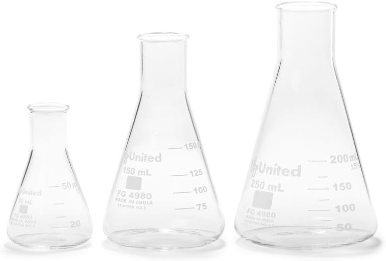 Glass Narrow Mouth Erlenmeyer Flask Set (FGSET3) - 3 Sizes - 50, 150 and 250ml, United Scientific