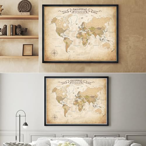 Image of DECORARTS - Oversized Personalized World Travel Map with Pins, Custom Name, Pin Board Canvas Wall Art, Antique Old World Decor, Optional Wood Frame, Giclee Print, Handcrafted in USA, 40x30''
