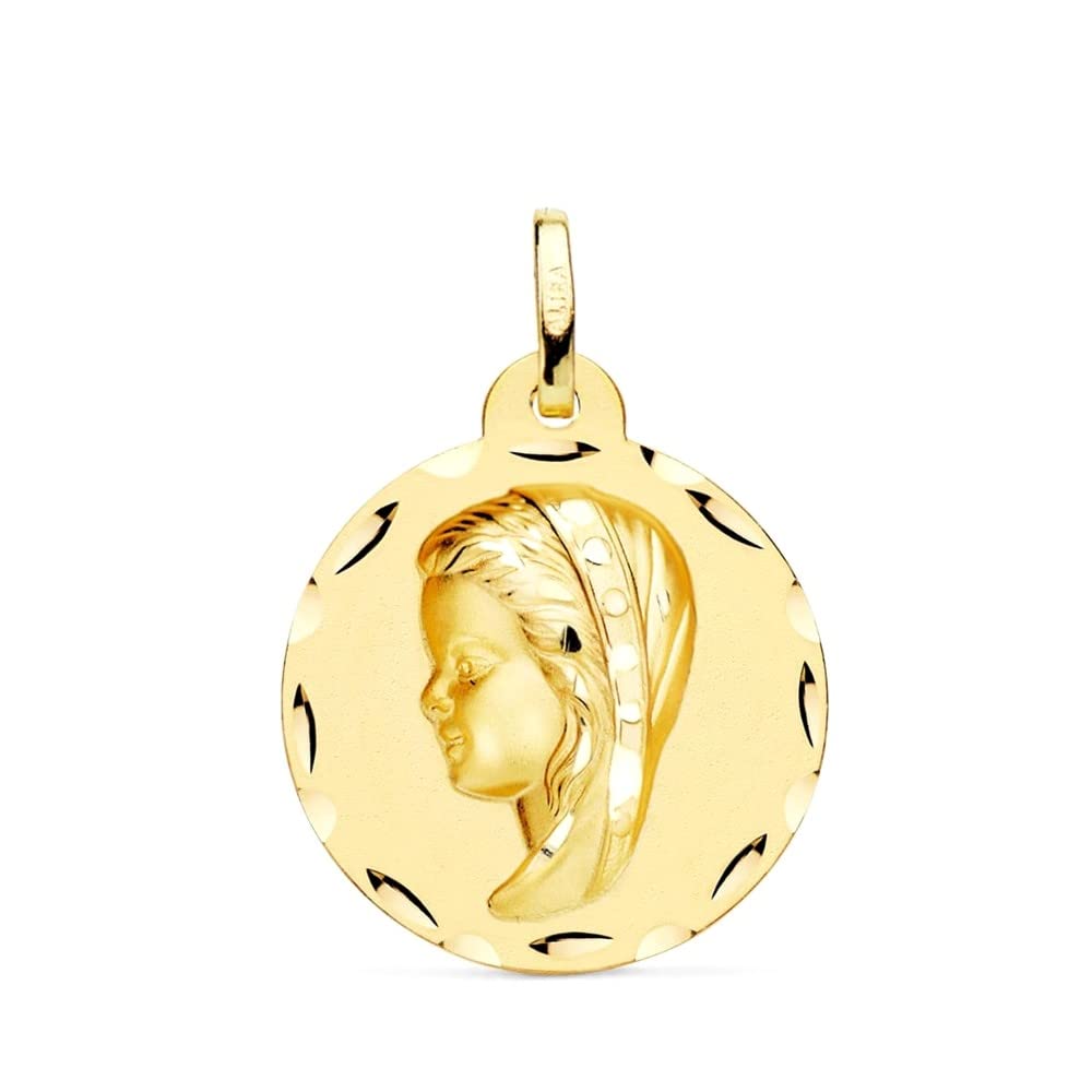 Vierge Médaille d'or Girl 18K Première communion 24 mm. Détails sculptés à la frontière