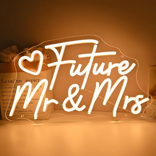 Image of SYLHOME Future Mr & Mrs Led Neon Light Sign Wedding Wall Decor Sign Banner Engagement Party Bridal Shower Light Up Sign Backdrop 15.75 inch X 9.25 inch USB Warm