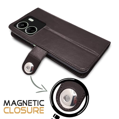 Image of Pikkme Redmi 13C 4G | Poco C65 Flip Cover Leather Finish | Inside TPU with Card Pockets | Wallet Stand and Shock Proof | Complete Protection Button Flip Case (Coffee)