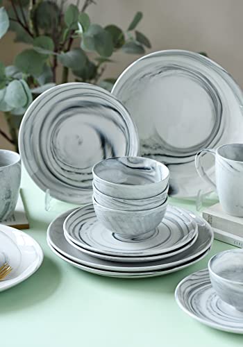16 Piece Marble Dishes Dinnerware Sets, Marble Porcelain Dinnerware Set, Grey (4×Dinner Plates, 4×Dessert Plates, 4×Bowls, 4×Mugs) #TOP4