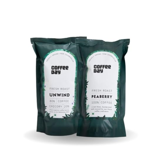 Image of Cafe Coffee Day Premium Combo of Peaberry - 100% Arabica and Unwind - 80% & 20% Chicory Blend, Rich Aroma, South Indian Filter Coffee, 200 Grams Each