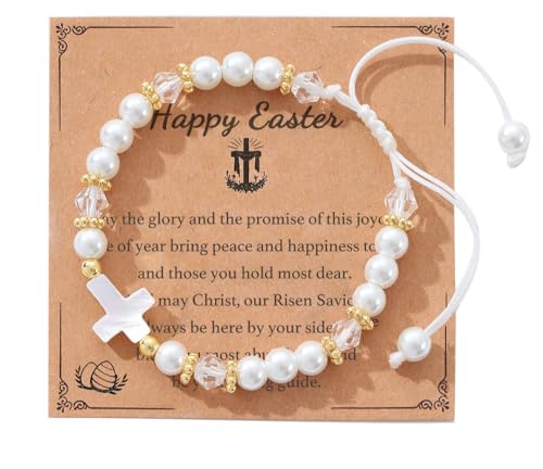 Image of Cross Pearl Bracelet, First Communion Gifts, Baptism, Easter Gifts for Teen Girls, Faith Christian Religious Bracelet for Girls