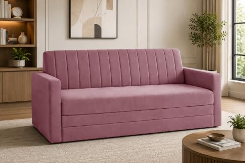 Image of 3-Seater Velvet Sofa Cum Bed with Armrests | Modern Convertible Sleeper Couch | Stylish Sofa Bed for Living Room, Bedroom & Office | Rose Pink