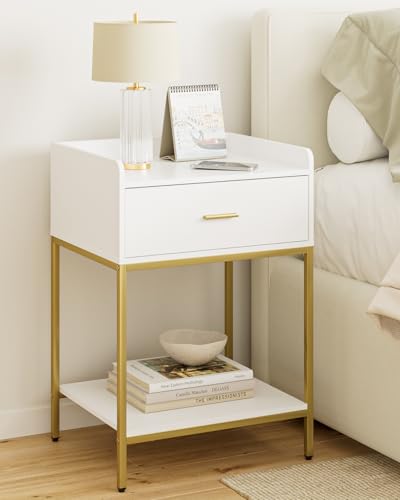 Image of Masupu Nightstand, 3-Tier Modern Bedside Night Stand with Storage Drawer and Shelf, Large End Side Table for Bedroom, Living Room, White