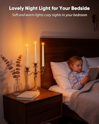 Image of Homemory 6 Pcs Waxy Flameless Taper Candles with Remote, Flickering Battery Operated Candlesticks, Led Fake Candles Tall Candle for Home, Wedding, Party, Ivory, 9.6 inches