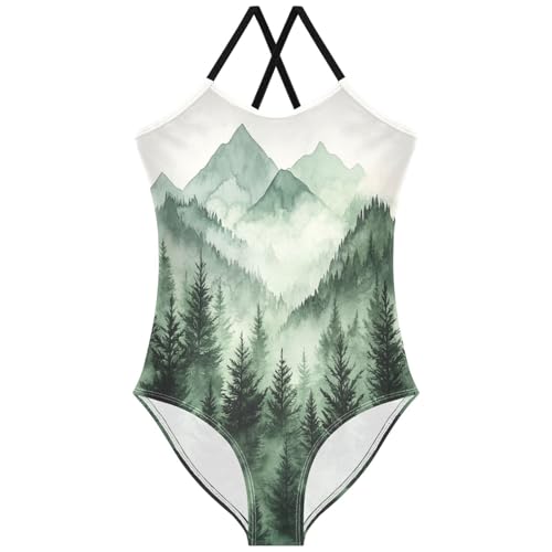 Pigsaly Girls One Piece Swimsuits Evergreen Forest Mountain Kids Cross Back Swimwear Toddler Beach Sport Bathing Suit 3T