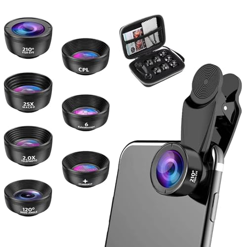 Handy Objektiv Satz 7 in1 - Fisheye 210°, Weitwinkel 120°, Makro (25x), Sternfilter, Teleobjektiv(2X), Keplerspiegel, CPL für iPhone & Smartphones