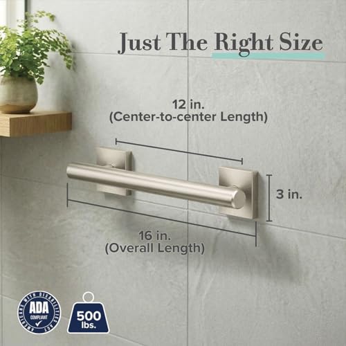 Image of Gatco 950 Elevate Shower Grab Bar, 12 Inch, ADA Compliant, Satin Nickel, Wall Mounted Bathroom Handrail