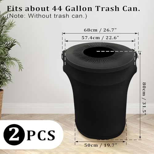 Image of BSTKEY 44 Gallon Stretch Spandex Trash Can Cover, 2 Pack Outdoor Fitted Waste Container Cover Round Garbage Can Covers for Wedding Party Commercial Fundraiser Decor, Without Trash Can (Black)