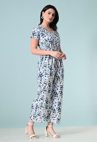 Image of Womens Summer Jumpsuits, Floral Printed Short Sleeve High Waisted Pockets V-Neck Beach Vacation Outfits