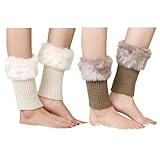 ILUFAM 2 Pairs Women Faux Fur Trim Boot Cuff Socks Winter Knitted Furry Top Cover Leg Warmers (Beige+Khaki)