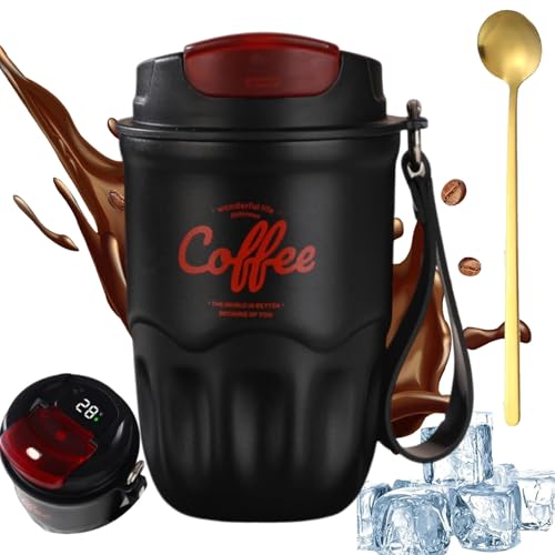 Image of Coffee Vacuum Flask, 12oz Portable Smart LED Temperature Display Coffee Cup with Lid and Handle Strap, 316 Stainless Steel, Leak-proof, Keep Hot and Cold, for Home, Office (Black)