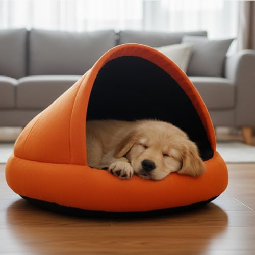 Image of GDB Cotton Premium Cozy Covered Pet Bed for Cats and Small Dogs Soft, Washable, Cave-Style Sleeping Bed with Anti-Slip Bottom Small Orange Blac.k(LWH 51X51X15 CM)