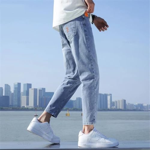 Men Stretch Ankle Length Jeans Light Blue Cotton Slim Fit Denim Pants Korean Trousers Blue-03 293