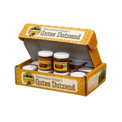 Allgäuer Wanderimkerei Gutes Dutzend 12x60g I Honig Geschenkset Mix mit vielen versch. Honigsorten I Imkermeister Krügers Qualitätsgarantie I Aus eigener Imkerei I Ideal zum teilen