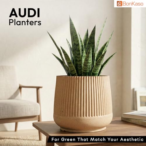 Image of BonKaso 12 Inch Audi Plant Pot for Indoor & Outdoor Use | Heavy Duty Durable Polymer Flower Pot Gamla | Lightweight Modern Planter for Living Room, Balcony, Terrace & Office Decor (Beige)