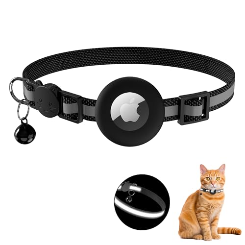 Airtag Cat Collar with Bell and Safety Closure Reflective Cat Collar Adjustable Size Apple AirTag Protective Cover for Cats (Black 01)