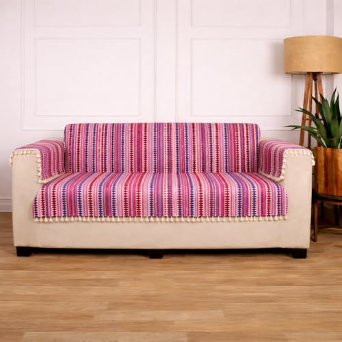 Image of Gifts Island 3 Seater Cotton Sofa Cover Mat | Anti Slip Sofa Cover Throw | All Over Furniture Protector with Elastic Straps | Washable Couch Cover for Living Room (Pink, 3 Seater)