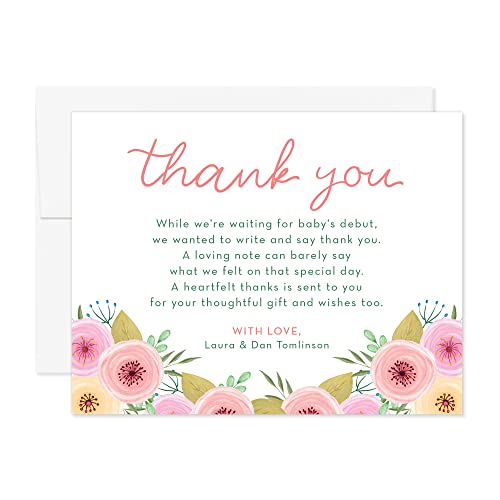 Sweet Pink Floral Baby Shower Thank You Cards with Names and Message, 5.5x4.25
