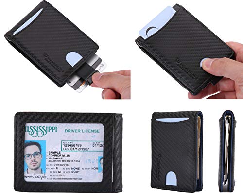 NUMBER.WU Money Clip RFID Blocking Carbon Fiber Leather Wallets for Men, Minimalist Slim Bifold Wallet for mens (Black- Carbon Fiber) - Image 4