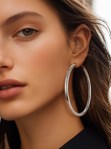 Image of Stainless Steel Chunky Hoop Earrings For Women, Minimalist and Chic, Black /Gold Plated, Round Hoops Earrings Hypoallergenic, Size: 30mm /40mm /60mm /80mm, Come with Box