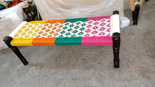 Image of Handwoven Wooden Bench | Traditional Rope Charpai Stool | Solid Wood Frame Seating for Living Room, Balcony & Outdoor | Durable & Stylish Design (Multicolor Finish)