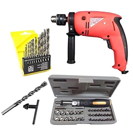 Ekdant Powerful 13 mm Impact Drill Machine Reverse Forward 700 watt with 13 Hss Drill Set and 1 Masonry bit with 41 pcs Toolkit Screwdriver Set