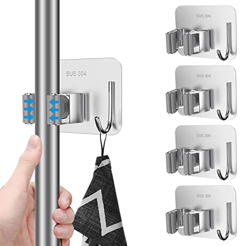 Hoewot 4 Pcs Mop Broom Holder, Stainless Steel No Drill Mop Holder Wall Mounted with Hooks Hanger, Mop Broom Organizer for Bathroom, Office, Kitchen, Closet, Garage(Silver) (Hoewot-02)