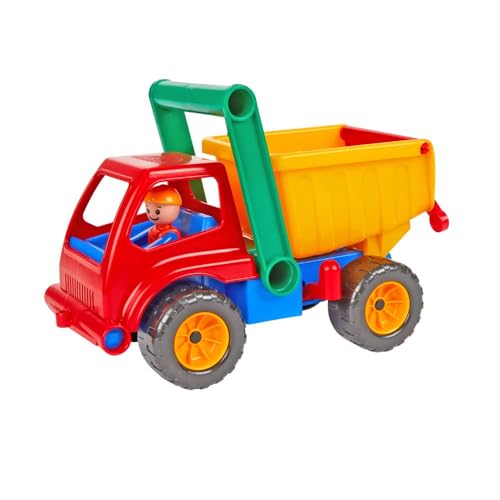 Lena 04150 - Aktive LKW Kipper, Baustellenfahrzeug ca. 27 cm, robuster Kipplaster mit Haltegriff und beweglicher Spielfigur, Muldenkipper Set, Spielfahrzeug für Kinder ab 2 Jahre
