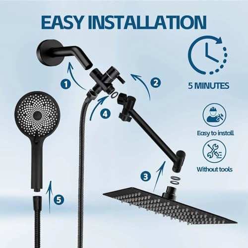 Image of Shower Head,10 Inch High Pressure Rain Shower Head with Handheld Spray Combo, Adjustable Dual Rainfall Shower Head - Showerhead Comb Set with Extension Arm - 60 Inch Long Shower Hose(Black)