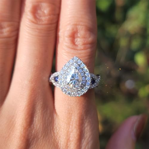 DovEggs Moissanite Engagement Ring for Women,Moissanite Rings 3ctw Total GHI Color Pear Cut Vintage Double Halo Split Shank Wedding Ring Moissanite&Blue Sapphire 14K Gold Quality Sterling Silver(9)3