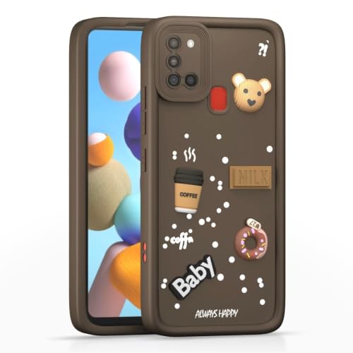 Image of Bintage Back Cover Compatible for Samsung Galaxy A21s 4G | Cute 3D Taddy Ball Bear Milk Cake Coffee Silicon Case Full Body & Camera Protection - Brown
