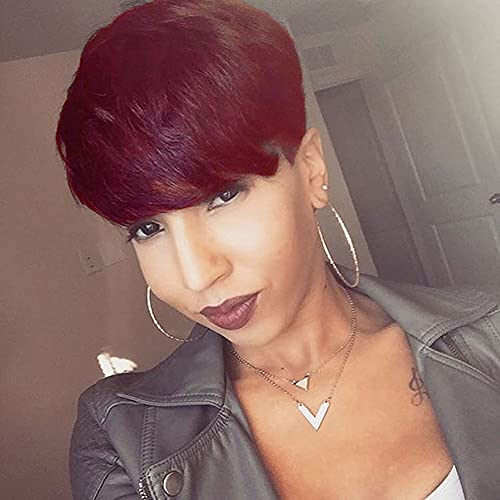 Rofa Short Hair Pixie Cut Wig for Women Short Pixie Cut Wavy Wig with Bangs for Women 118# Red Color Short Hair Pixie Cut Wig with Bangs for Women