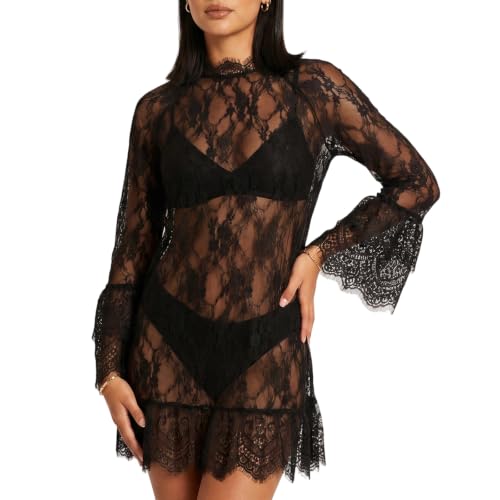Nlacehan Women's Ruffle Sheer Long Sleeve Lace Mini Dress (Black, L)