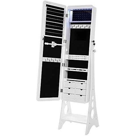 SONGMICS Schmuckschrank mit 8 LEDs mit abgerundeten Kanten Spiegel, abschließbarer Schmuckorganizer mit 6 Schubladen und Ohrring Aufbewahrung, Weiß JBC89WT Cover