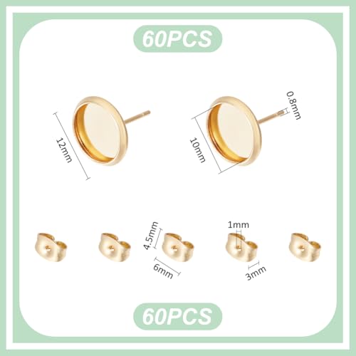 UNICRAFTALE 60pcs 18K Gold Plated Cabochon Blanks Stud Ear 10mm Earrings Post Trays Stainless Steel Earring Bezels Trays Post Cup Stud Findings with Loop and Ears Back for Earring Jewelry Making - Image 3