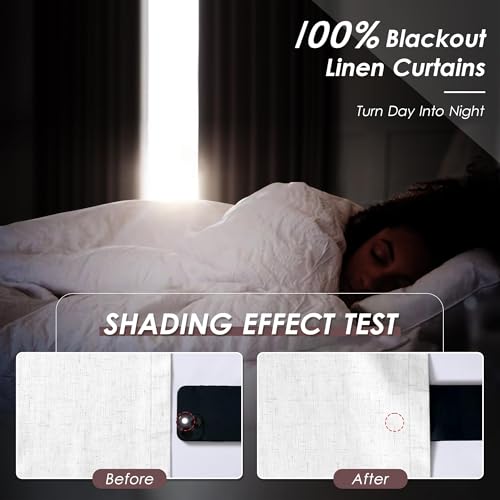 Image of Nanspring Cream 100% Blackout Linen Curtains for Bedroom 72 Inches Long Back Tab Thermal Insulated Neutral Boho Farmhouse Decor Black Out Curtain for Living Room Dining Room Drapes 52x72, 2 Panels