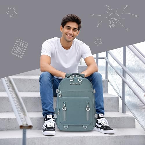 Image of Gear Street Style 19 inch /38L Large Water Resistant School Bag | Casual Backpack | Daypack | Travel Backpack | Kids Bag for Boys /Girls (Green - Grey)