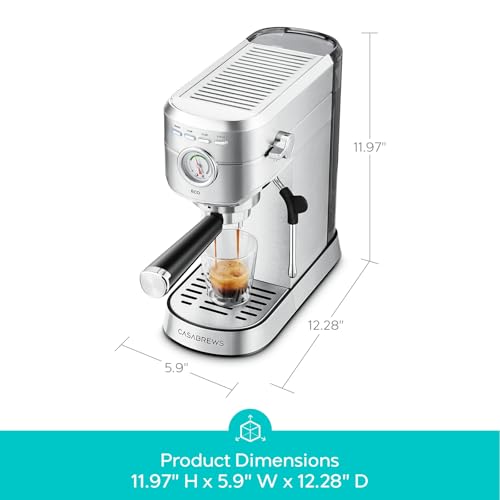 Image of CASABREWS PFAS-Free Espresso Machine with Milk Frother Steam Wand | Non-Toxic, Stainless Steel, 20-Bar, Built-in Pressure Gauge, Powerful Steam Wand for Cappuccino, Small, 34oz Water Tank