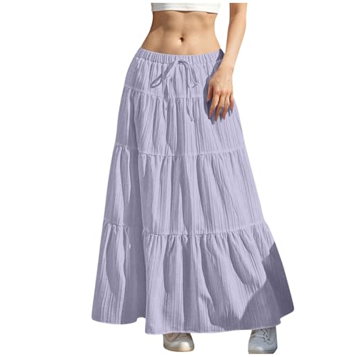 Womens Maxi Skirt Pleated Flowy Drawstring High Waisted Skirts Swing Tiered Skirt Summer Casual Loose Fit Y2K Skirts
