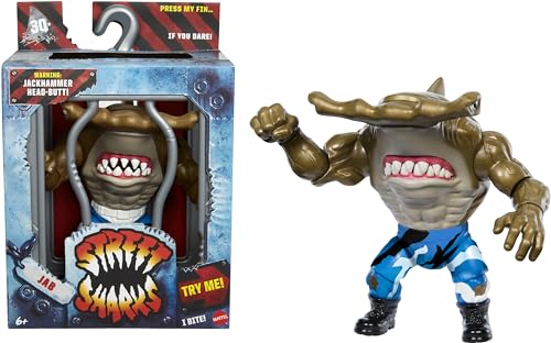 Juguetes, Toy Mattel Street Sharks Jab - Figura de acción de Juguete de los 90 TV Half-Man Half-Shark Hero, Juguete articulado de 6 Pulgadas con Piel Real, mordida y Cabeza