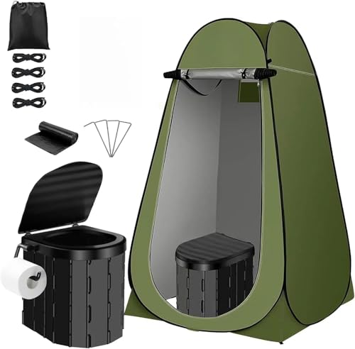 Uniiking Portable Toilet Kit Camping Toilet with Pop-Up Privacy Tent and Poo Gel Toilet Bags Washable Portable Outdoor Showers Changing Rooms Black and Green